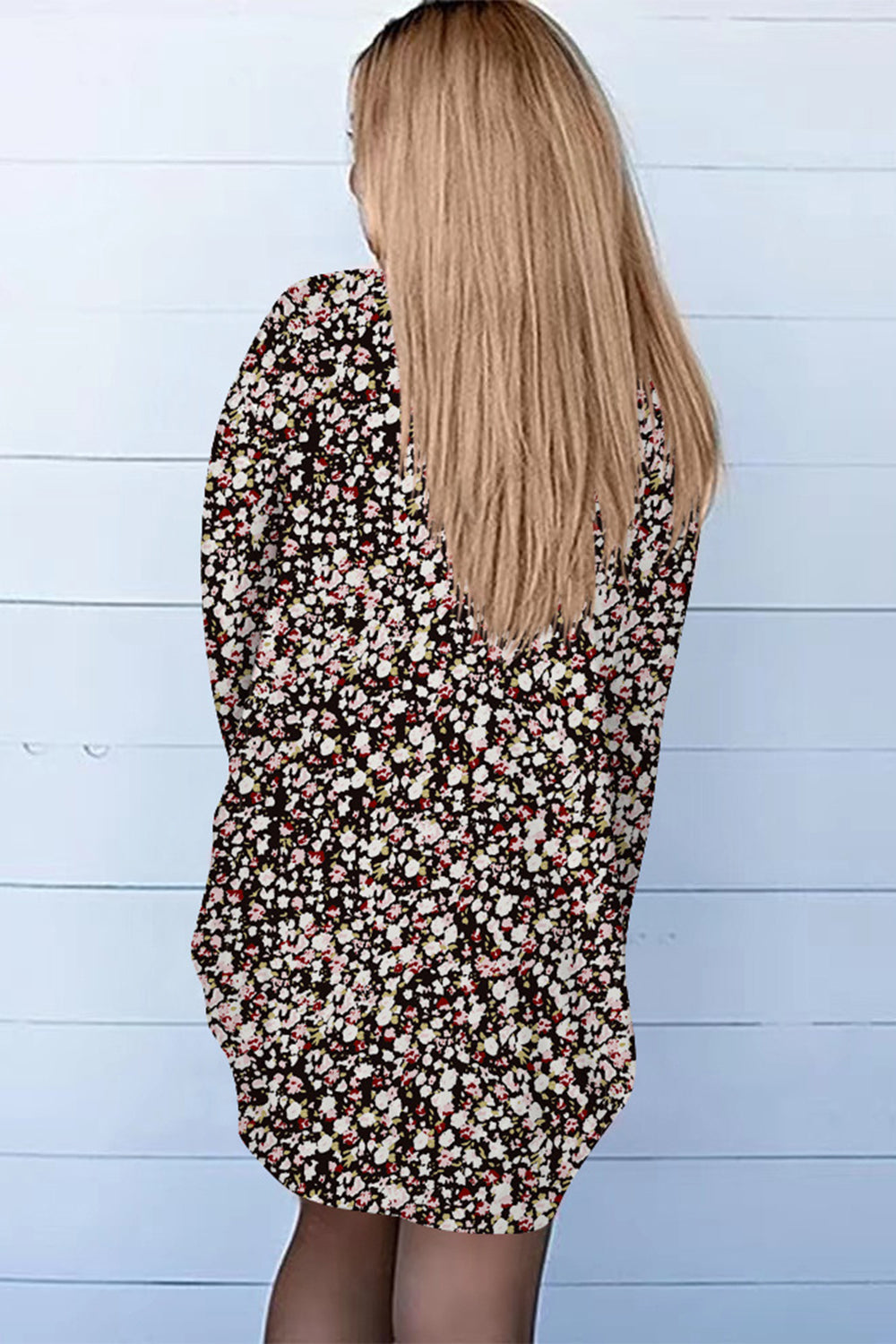 Floral print open-front duster cardigan with long sleeves and pockets.
