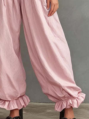 Full Size Smocked Ruffle Hem Wide Leg Pants in Mustard, back view