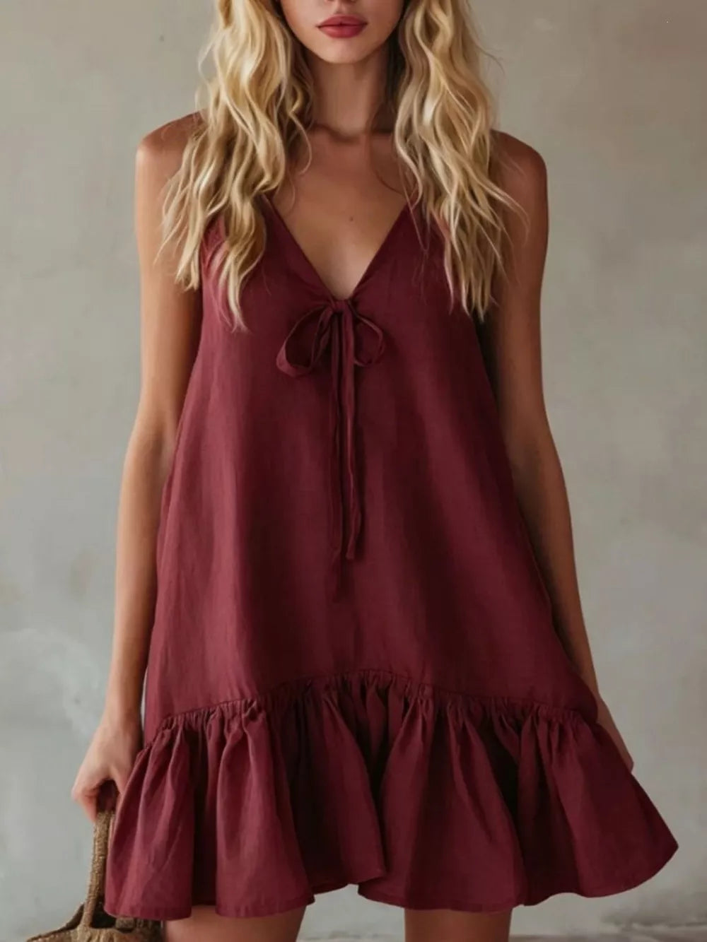 Burgundy tie-front mini dress with ruffle hem and V-neckline