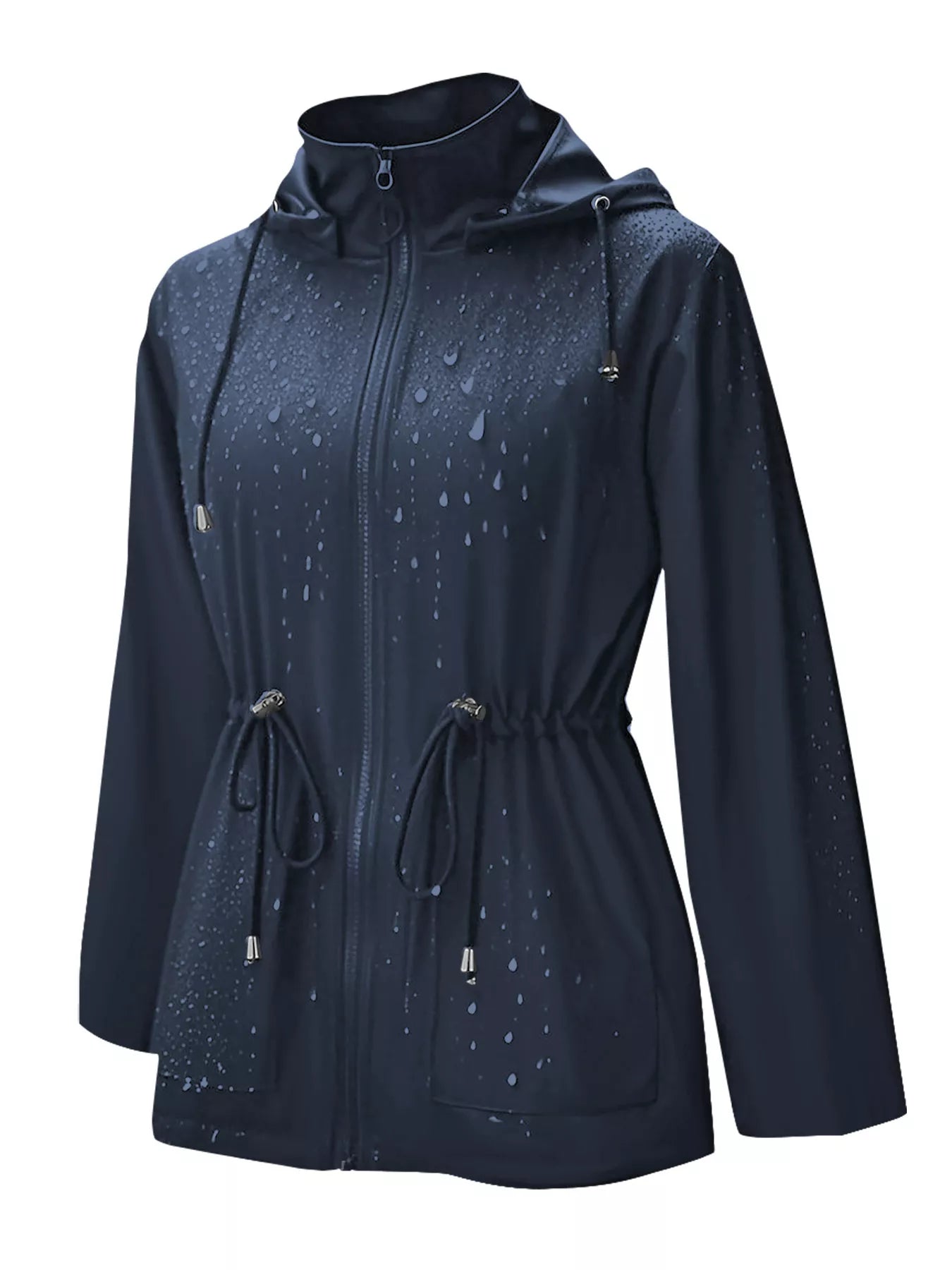 Dark blue waterproof hooded zip-up jacket with drawstring waist and water droplet detail.