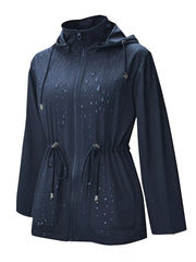 Dark blue waterproof hooded zip-up jacket with drawstring waist and water droplet detail.