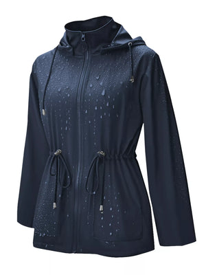 Dark blue waterproof hooded zip-up jacket with drawstring waist and water droplet detail.