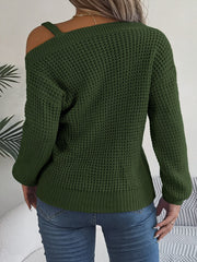 Army green one-shoulder knit sweater with buckle detail and waffle texture.