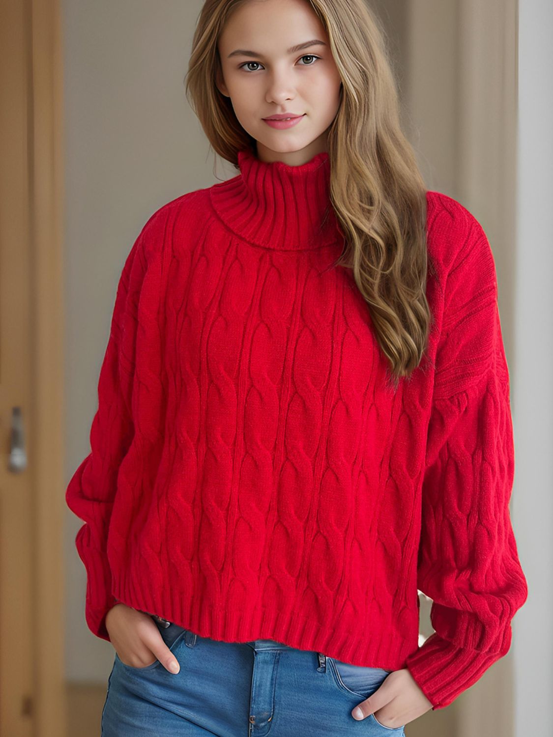 Oversized red cable knit turtleneck sweater with textured sleeves.