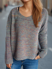 Textured slouch V-neck sweater in a multi-color knit with ribbed cuffs and hem.