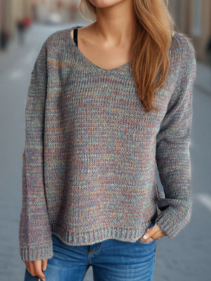 Textured slouch V-neck sweater in a multi-color knit with ribbed cuffs and hem.