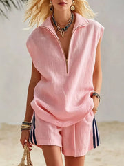 Chic Zip-front Sleeveless Top & Pleated Shorts Set