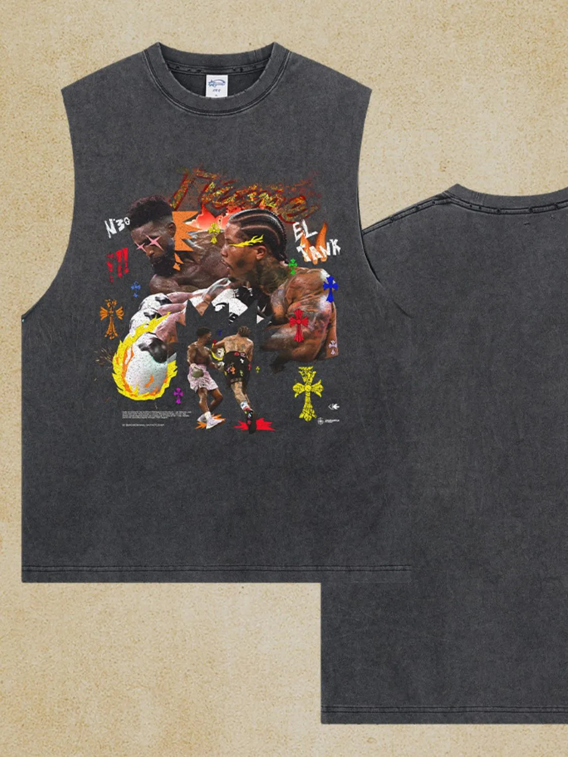 Black vintage graphic muscle tank top with boxing graphic print.