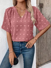 Dusty Pink Swiss Dot Blouse with V-neck and flutter sleeves
