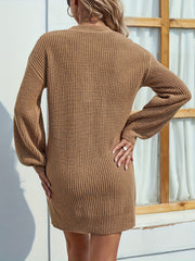 Camel ribbed knit mini dress with balloon sleeves and button front detail.