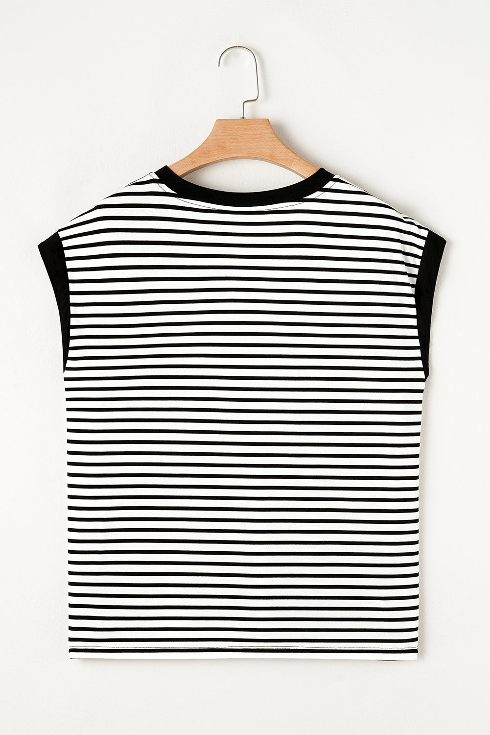 Black and white striped t-shirt with black trim and cap sleeves.