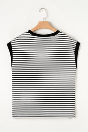 Black and white striped t-shirt with black trim and cap sleeves.