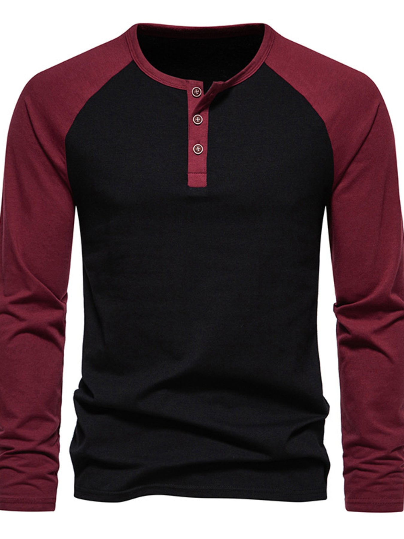 Men's black and wine red long sleeve cotton blend henley t-shirt with button detail.