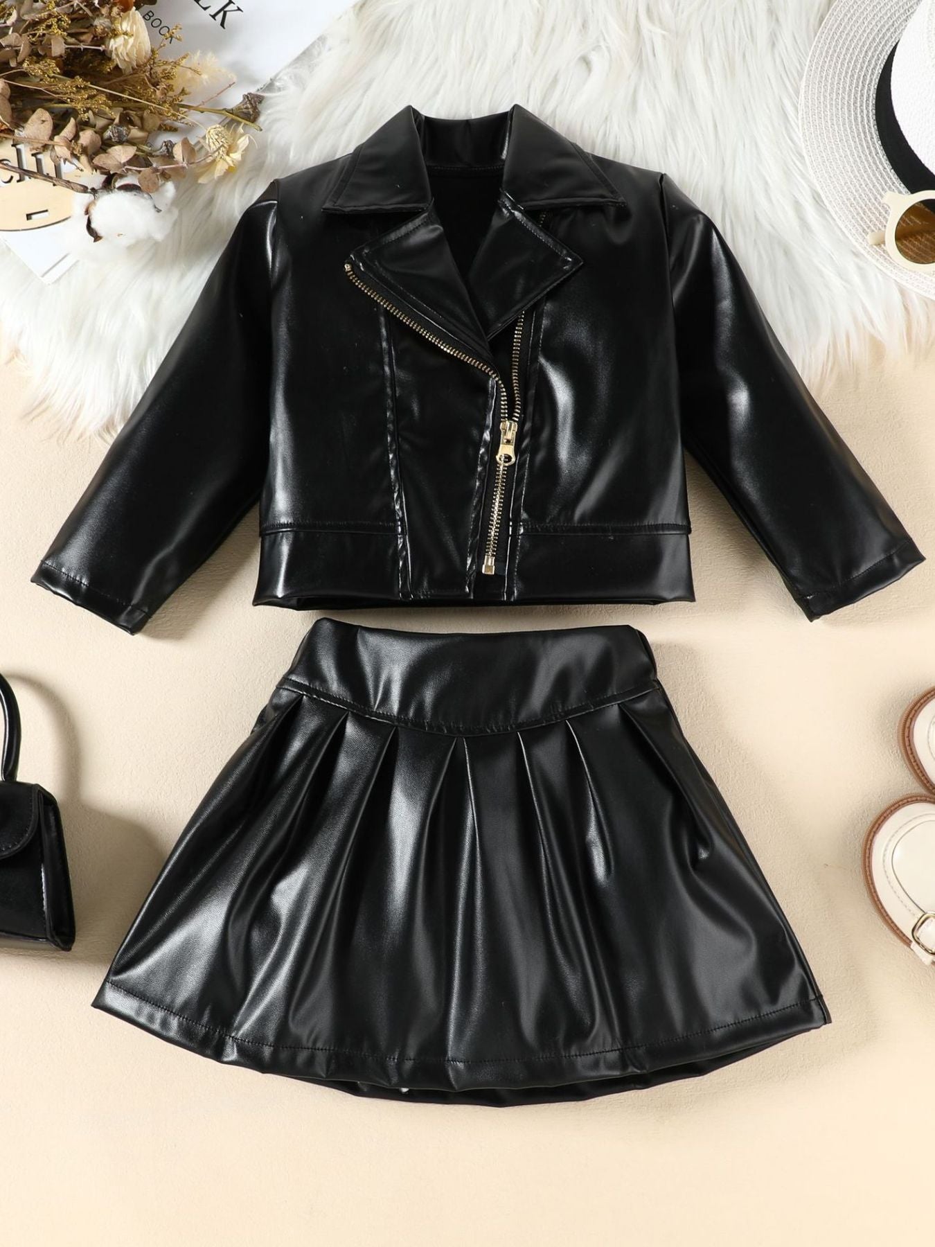 Black faux leather jacket and pleated skirt set for baby girls