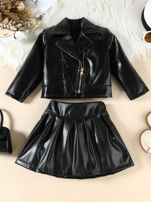 Black faux leather jacket and pleated skirt set for baby girls