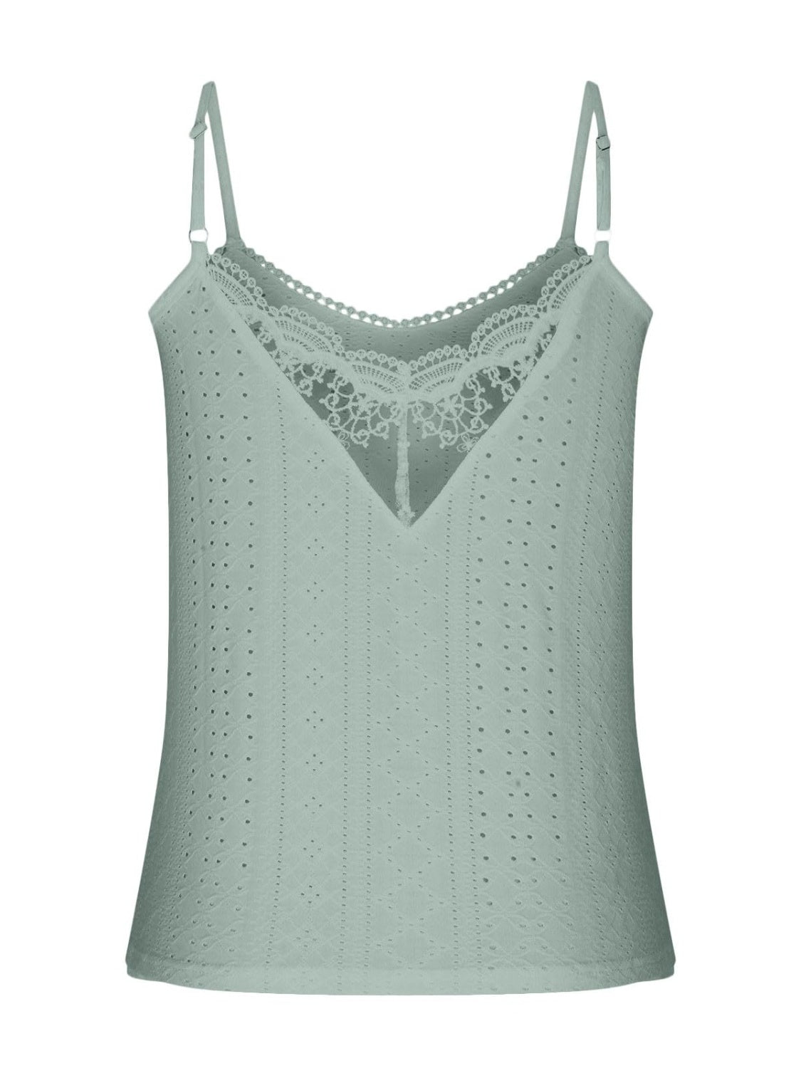Eyelet lace inset cami top in Air Force Blue with v-neck and adjustable straps