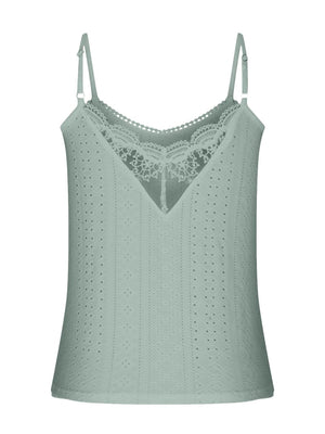 Eyelet lace inset cami top in Air Force Blue with v-neck and adjustable straps