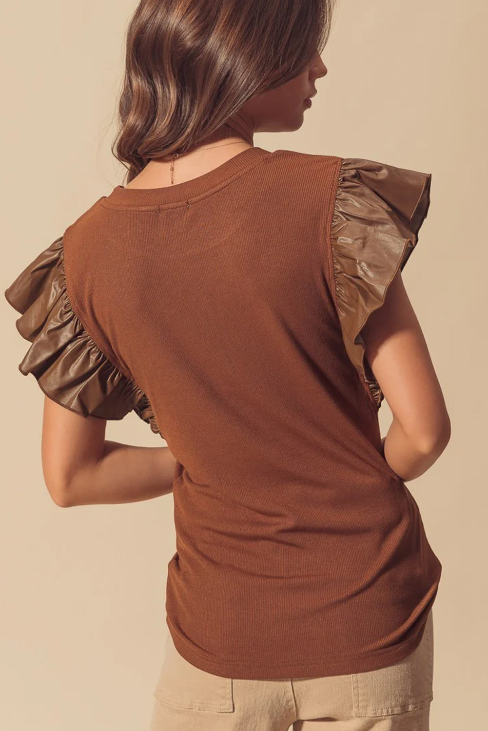 Brown ribbed top with faux leather ruffle sleeves