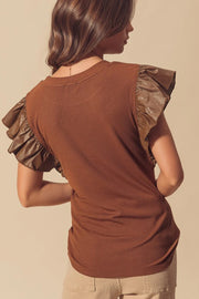 Brown ribbed top with faux leather ruffle sleeves