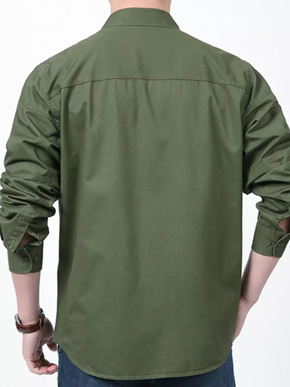 Men's relaxed fit military green cotton button-front shirt, long sleeves, back view.