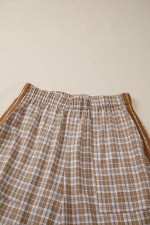 Plaid print casual pants in camel with drawstring waist and side stripe detail.