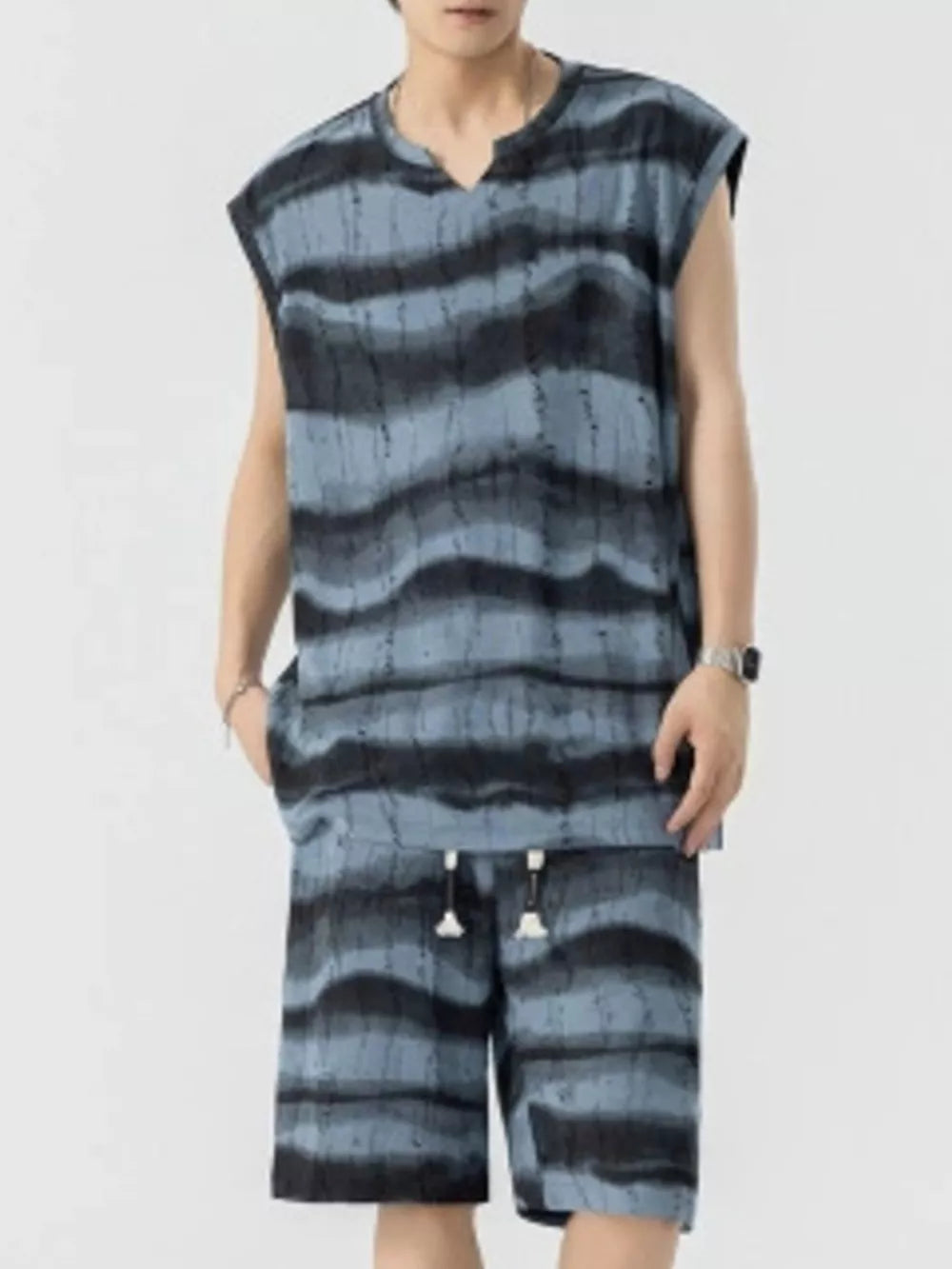 Men's casual tank and shorts set in Air Force Blue with a wavy stripe pattern.