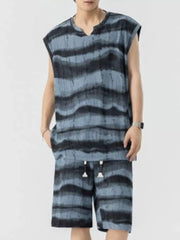 Men's casual tank and shorts set in Air Force Blue with a wavy stripe pattern.