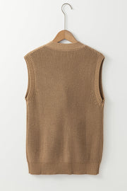 Camel ribbed button-down cardigan vest in acrylic blend.