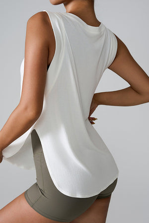 White asymmetric performance tank top with side slits, crew neck, and sleeveless design.