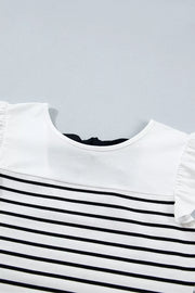 Chic striped cotton tank top with ruffled sleeves and a black knot back detail.