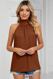 Caramel high neck halter tank top with ruched neckline detail