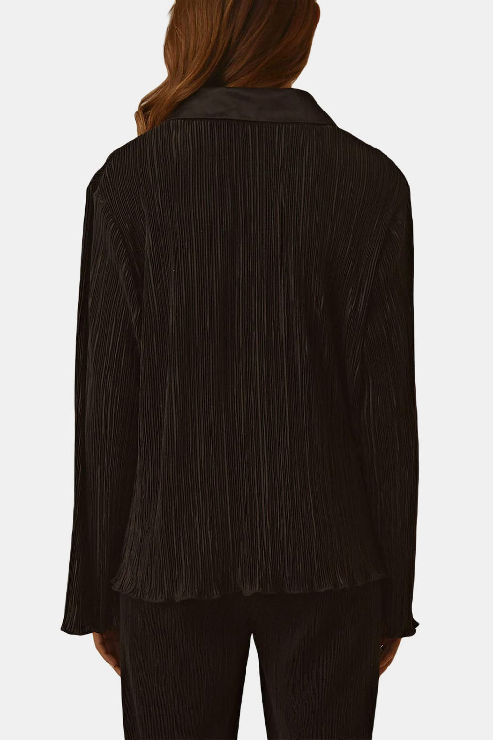 Black pleated shirt with wide-leg trousers set, featuring a satin collar and long sleeves.