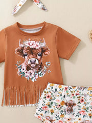 Brown cotton baby set with cow graphic tee and floral shorts, fringe detail