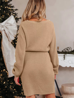 Ribbed knit sweater dress in tan with pearl shoulder details and long sleeves.