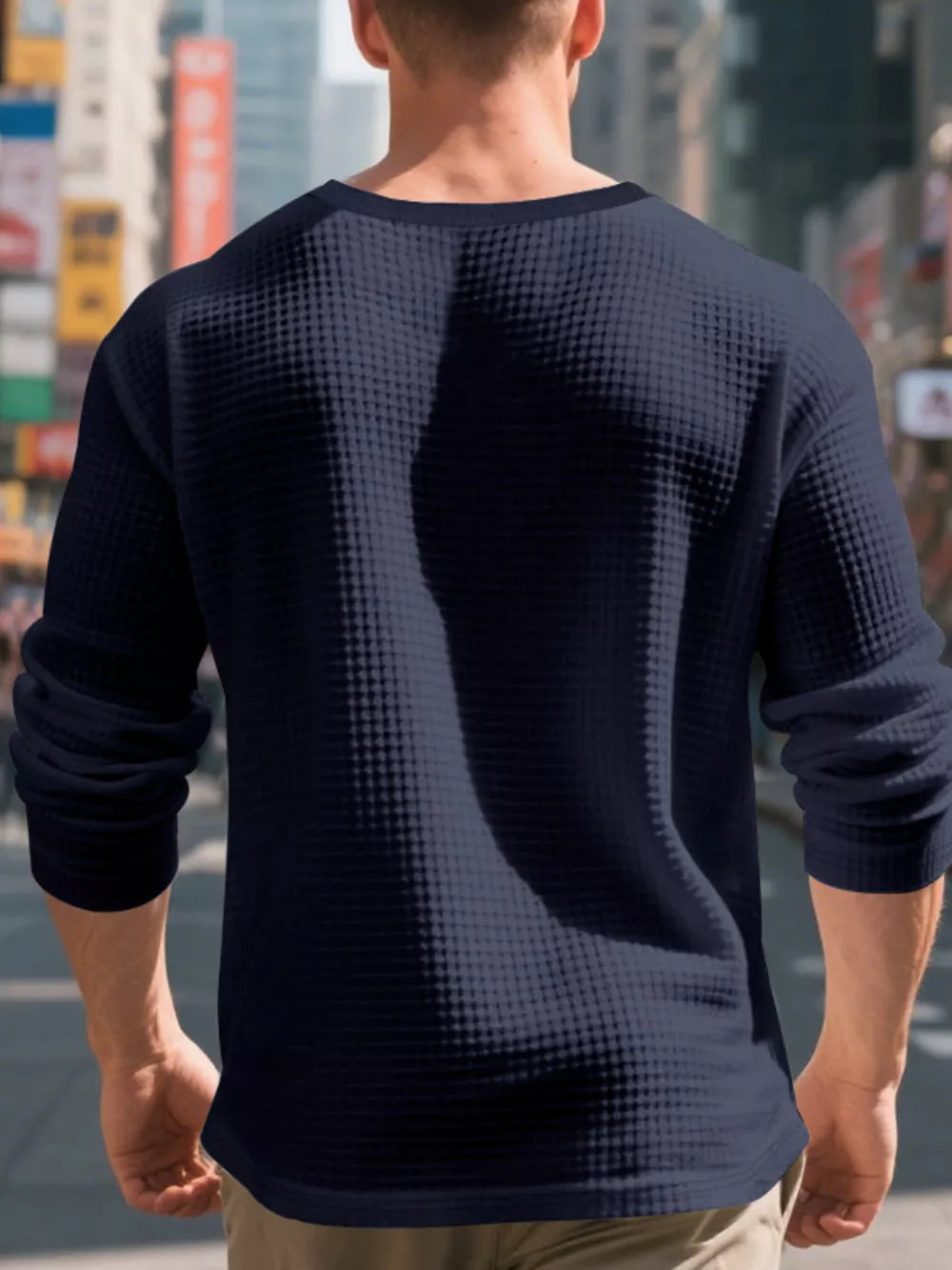 Men's navy waffle knit long sleeve undershirt with crew neck.
