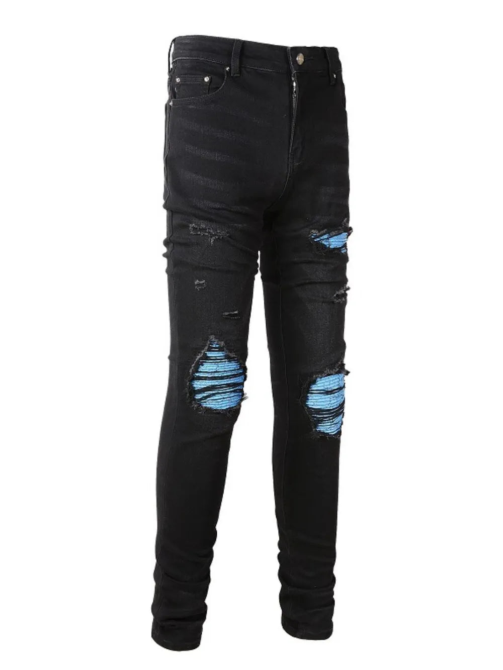 Black distressed denim jeans with ripped knees and azure underlay detail.