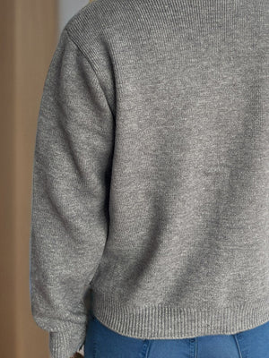 Gray ribbed knit cardigan with crew neck and button front detail
