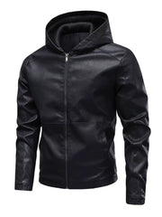Men's black faux leather hooded moto jacket with zip front and pockets.