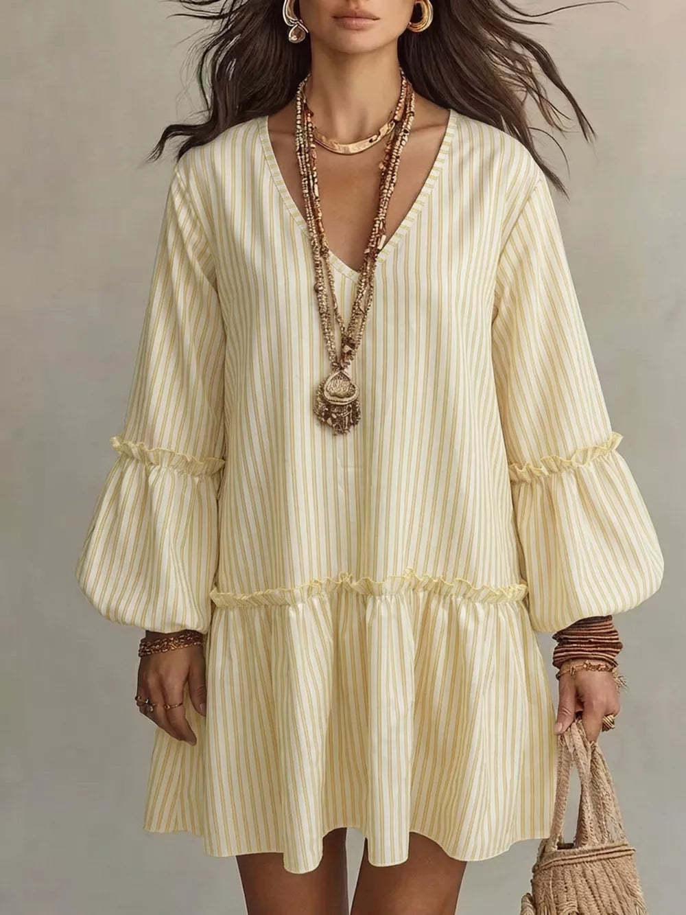 Striped Balloon Sleeve Mini Dress Plus Size in Light Green, close-up detail