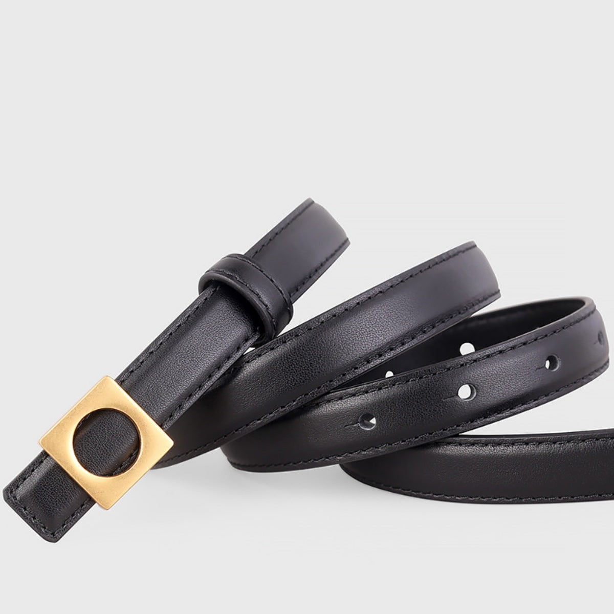 Black skinny cowhide leather belt with gold square buckle and adjustable holes.
