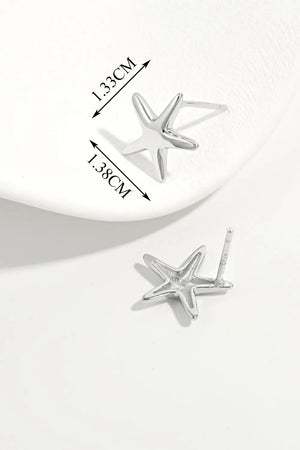 Silver starfish stud earrings with detailed measurements shown.