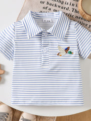 Light blue striped polo shirt for baby with embroidered duck detail