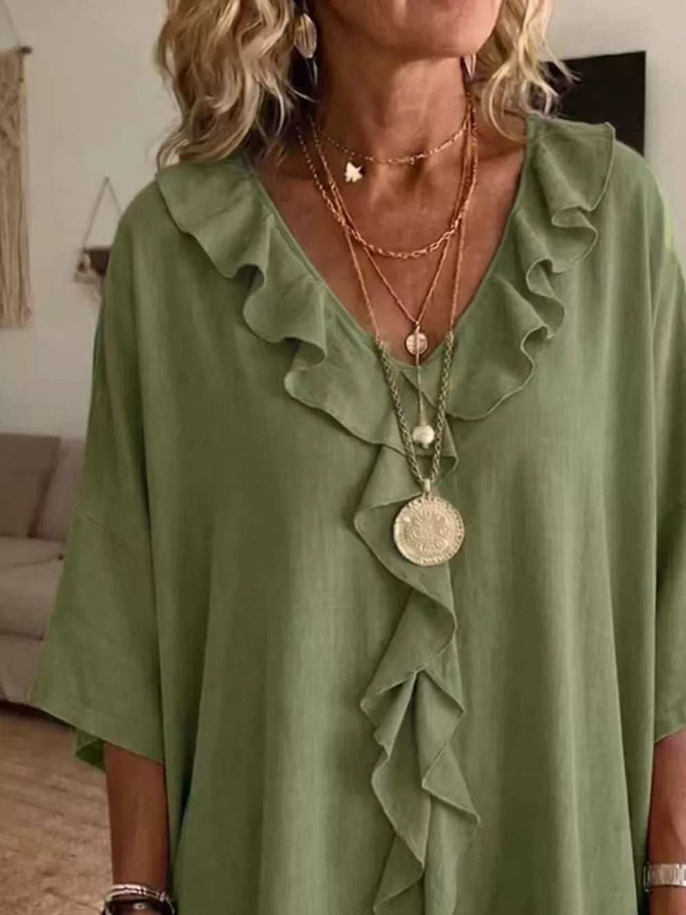 Full Size Ruffle V-neck 3/4 Sleeve Blouse Plus Size in Green, model styling view