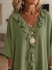 Full Size Ruffle V-neck 3/4 Sleeve Blouse Plus Size in Green, model styling view