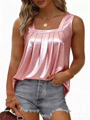 Pink square neck pleated tank top with a shiny finish.