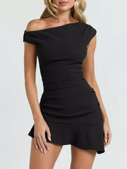 Black asymmetrical ruffle hem mini dress with off-the-shoulder neckline and ruched detail.