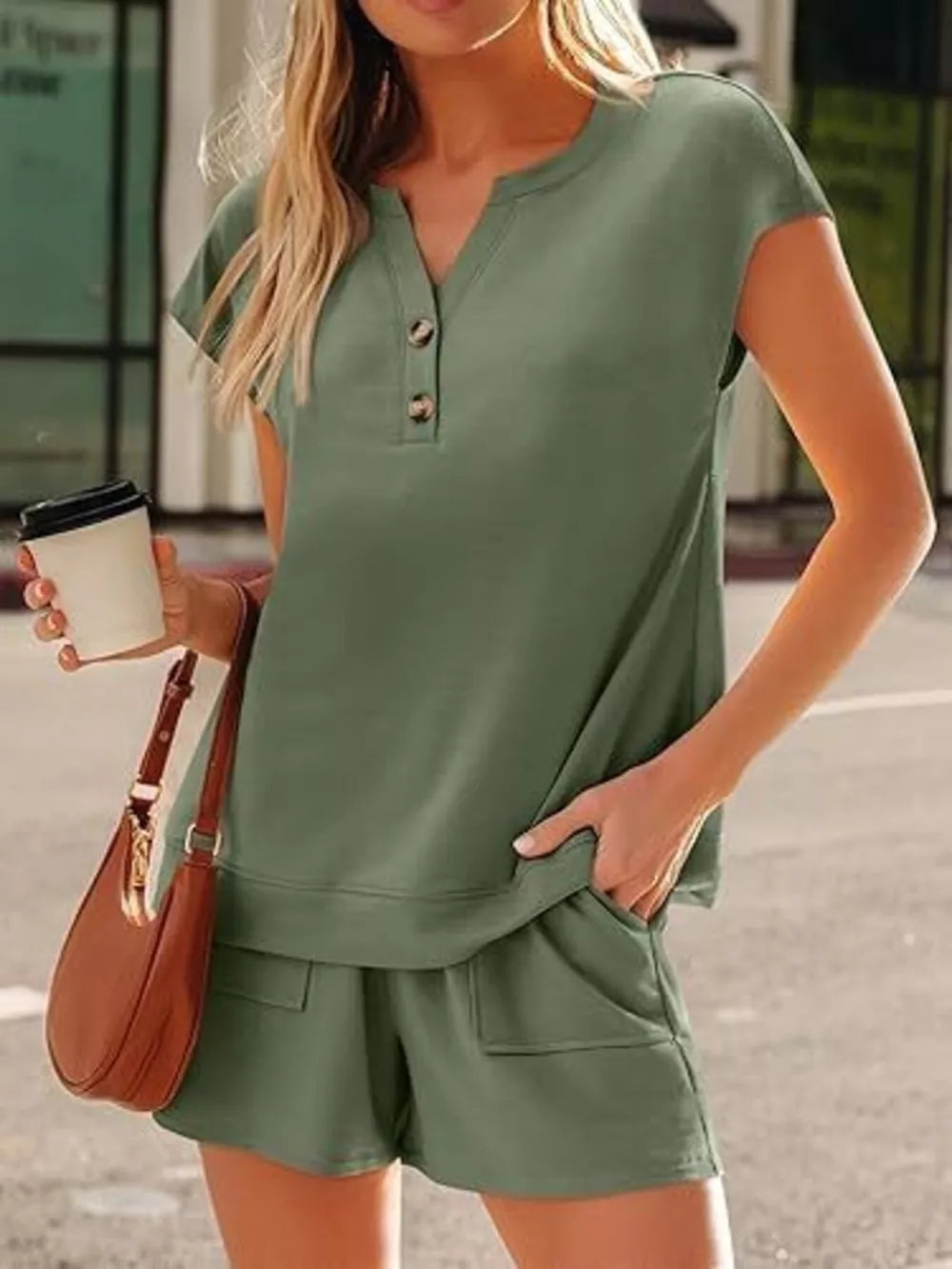 Button Detail Short Sleeve Top And Shorts Set in Lavender Purple, fit detail