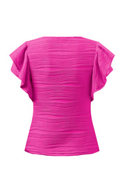 Hot Pink textured ruffle sleeve bodysuit with a square neckline.