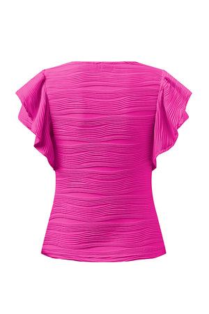 Hot Pink textured ruffle sleeve bodysuit with a square neckline.