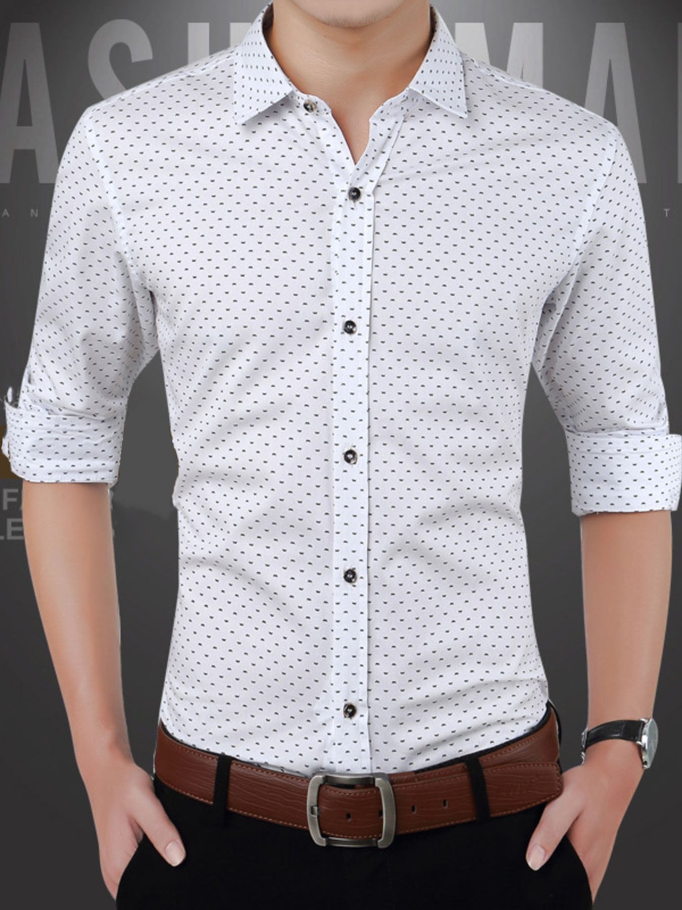 Men's white slim fit shirt with a subtle dark dot pattern, classic collar, and button-down front.